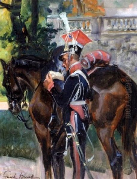 Uhlan With His Horse Oil Painting by Woiciech Ritter Von Kossak