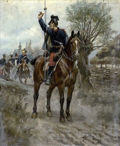 Ulanentrupp Am Dorfrand Oil Painting by Woiciech Ritter Von Kossak