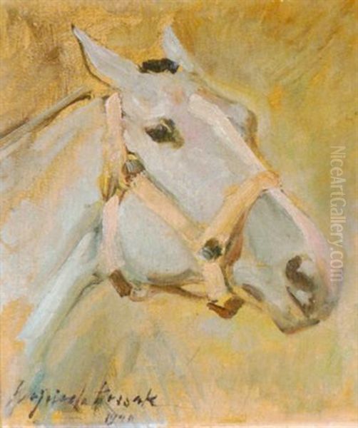 Pferdekopf Mit Hellem Halfter Oil Painting by Woiciech Ritter Von Kossak