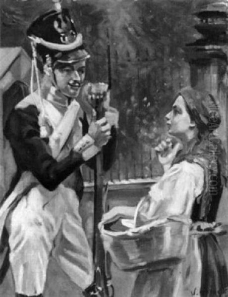 Polish Guard Officer Talking With A Peasant Girl Oil Painting by Woiciech Ritter Von Kossak
