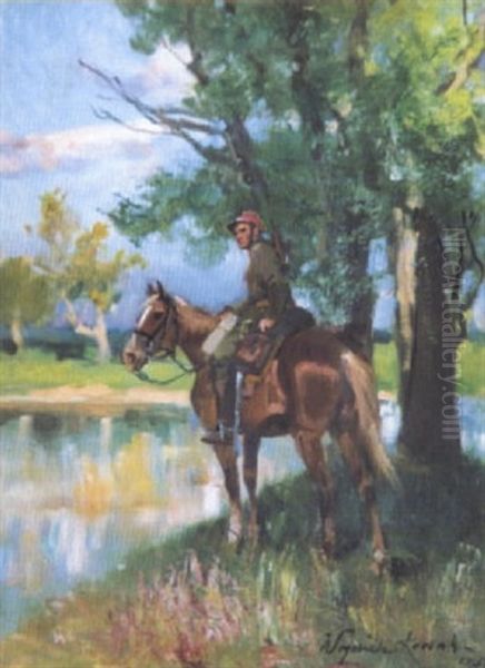 Soldat A Cheval Au Bord De Riviere Oil Painting by Woiciech Ritter Von Kossak