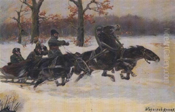 Untitled (napoleon And Officer Riding A Sleigh Through A Snowy Landscape) Oil Painting by Woiciech Ritter Von Kossak