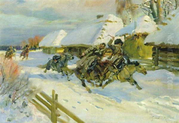 Verfolgte Kosaken Durchqueren Ein Dorf Oil Painting by Woiciech Ritter Von Kossak