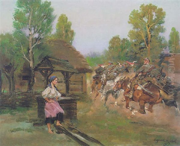 Cavalry Charging By Oil Painting by Woiciech Ritter Von Kossak