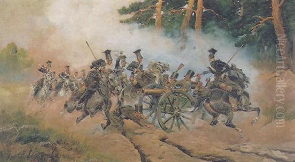 The Battle At Stoczek, Warsaw Oil Painting by Woiciech Ritter Von Kossak