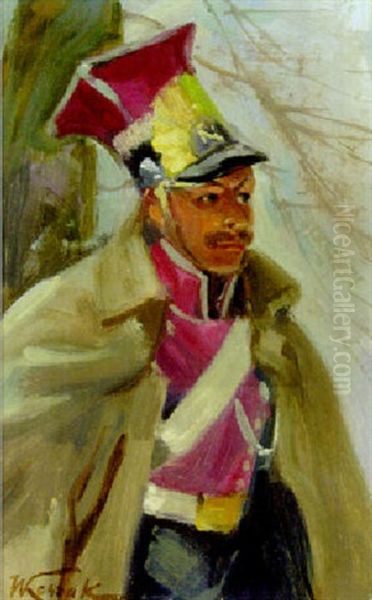 A Soldier, Wearing Napoleonic Uhlan Uniform Oil Painting by Woiciech Ritter Von Kossak