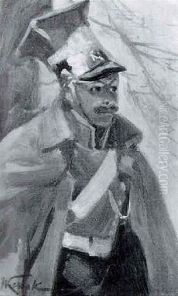 Selbstbildnis In Napoleonischer Ulanenuniform Oil Painting by Woiciech Ritter Von Kossak