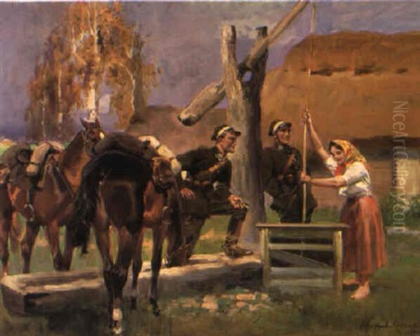 Resting At The Well Oil Painting by Woiciech Ritter Von Kossak