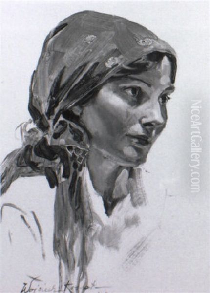 Bauernmadchen Mit Gemustertem Kopftuch Oil Painting by Woiciech Ritter Von Kossak