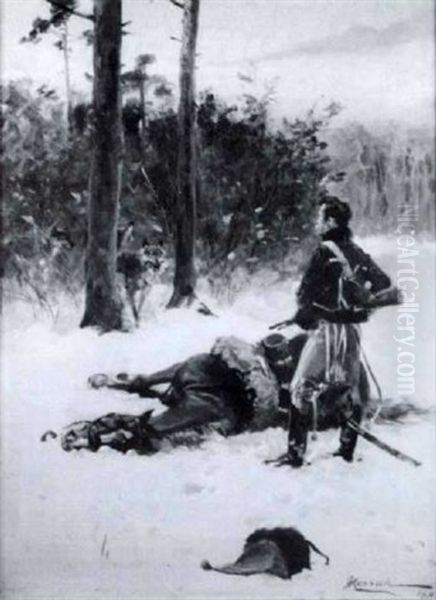 Soldier Guarding His Fallen Horse Oil Painting by Woiciech Ritter Von Kossak
