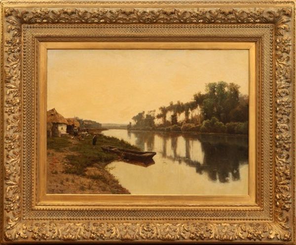 Woman Feeding Chickens With A Little Boy Standing By A Rowboat Oil Painting by Frederick William Kost