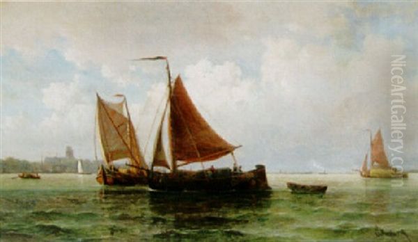 Segelbatar Utanfor Dordrechts Kust Oil Painting by Everhardus Koster