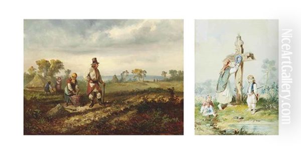 The Potato Pickers And Family At A Shrine, Watercolor (2 Works) Oil Painting by Franciszek Kostrzewski