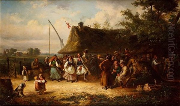 Wesele Wiejskie Z Okolic Warszawy Oil Painting by Franciszek Kostrzewski