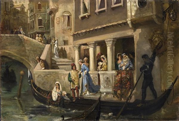 Dignitaries Boarding A Gondola On A Venetian Backwater Oil Painting by Vasili Aleksandrovich Kotarbinsky