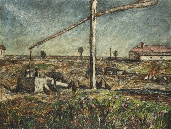 Ziehbrunnen In Der Puszta Oil Painting by Karoly Kotasz