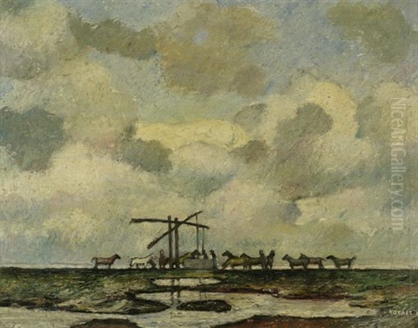 Pusztalandschaft Mit Pferden An Einer Tranke Oil Painting by Karoly Kotasz