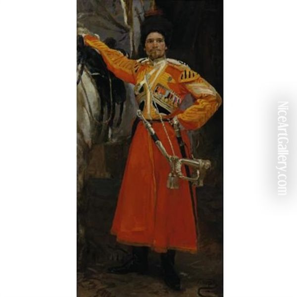 Cossack Imperial Guard Bugler Oil Painting by Petr Ivanovich Kotov