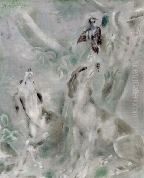 Dogs And Bird Oil Painting by Sei Koyanagui