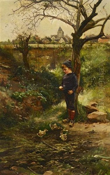 Knabe Beim Entenfuttern Vor Einem Franzosischen Stadtchen Oil Painting by Iosif Evstafevich Krachkovsky