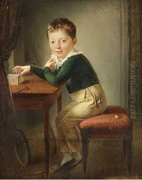 En Lille Dreng I Bla Jakke Bygger Et Korthus Oil Painting by Per Krafft the Younger