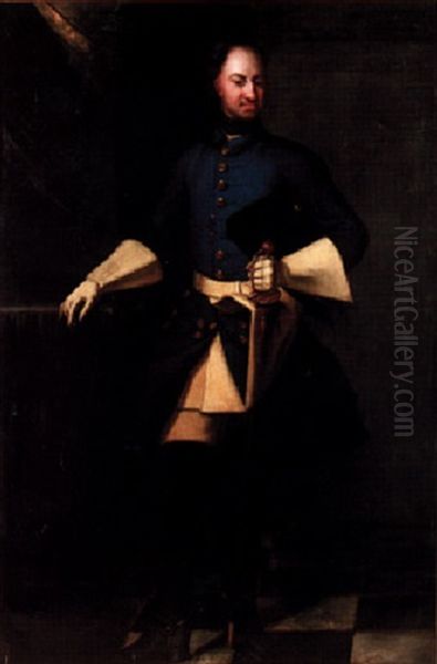 Portratt I Interior Av Karl Xii Kladd I Bla Uniform Med Gula Kraghandskar Oil Painting by David von Krafft