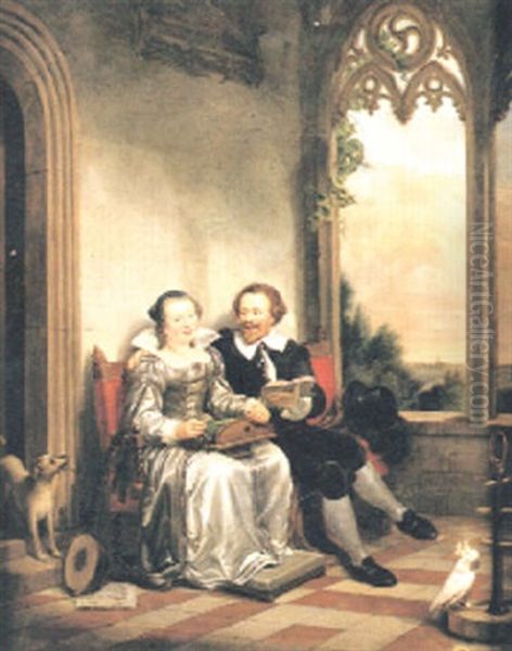 Foralskat Par I Rod Soffa Pa Loggia Oil Painting by Christiaan Kramm