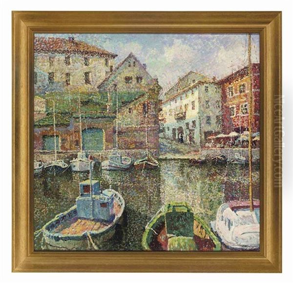 Boats In Harbor Oil Painting by Aleksei Ilych Kravchenko