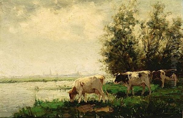 Cows In A Meadow (+ Another; 2 Works) Oil Painting by Fedor Van Kregten