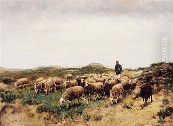 Shepherd & Flock On The Dunes Oil Painting by Fedor Van Kregten
