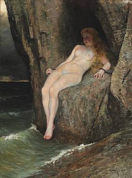 Andromeda Chained To The Rough Cliff About To Be Devoured By The Sea Monster Oil Painting by Gosta Krehl