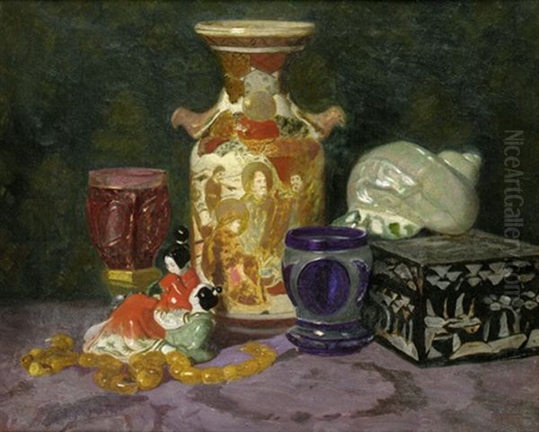 Stilleben Mit Japanischer Satsuma-vase, Schmuckkastchen Mit Schildpattdekor Und Muschel Oil Painting by Lazar' Leibovich Krestin