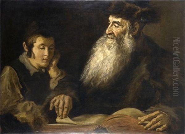 Father And Son Learning Oil Painting by Lazar' Leibovich Krestin