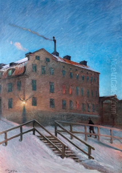 Gammalt Hus I Katarina (old House In Katarina, Street Scene From Stockholm) Oil Painting by Nils Kreuger