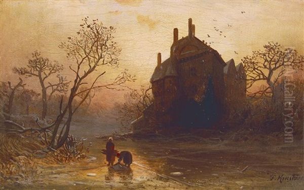 Schafer Mit Herde/zwei Holzsammlerinnen Am Gutshaus (pair) Oil Painting by Felix Kreutzer