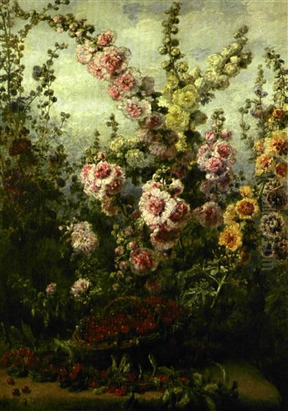 Nature Morte Aux Roses Tremieres Et Panier De Cerises Oil Painting by Alexis Kreyder