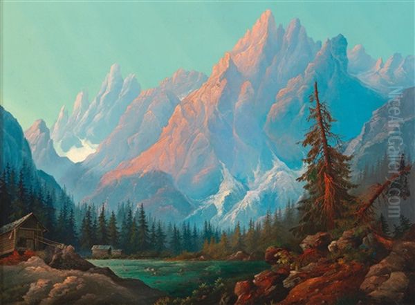 High Mountains With Firn And Lake Oil Painting by Josef Krieger