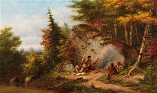Huron Hunters At Big Rock Oil Painting by Cornelius David Krieghoff
