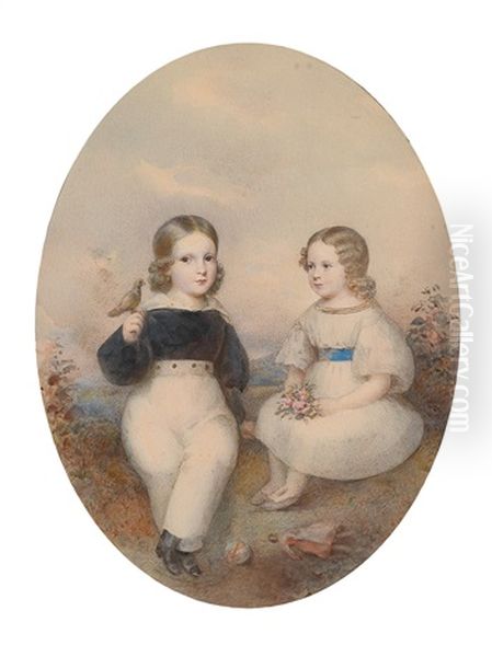 Geschwisterpaar Mit Singvogel Und Spielzeug, In Einer Landschaft Sitzend Oil Painting by Josef Nikolaus Kriehuber