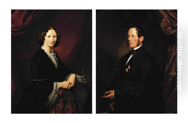 Portrait Of A Amalie Noble Gunz...in A Lace Trimmed Black Dress (+ Portrait Of The Imperial Council Willibald Gunz Noble Jr...; Pair) Oil Painting by Josef Nikolaus Kriehuber