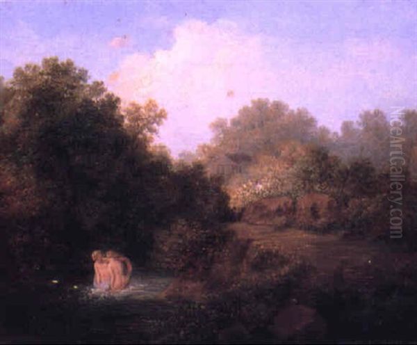 Bathers In An Arcadian Landscape Oil Painting by Josef Nikolaus Kriehuber