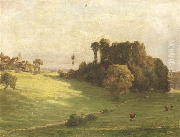 Auf Der Juhhohe Im Odenwald. Kuhe Auf Den Feldern Vor Den Dorfern Oil Painting by Heinrich Reinhard Kroeh