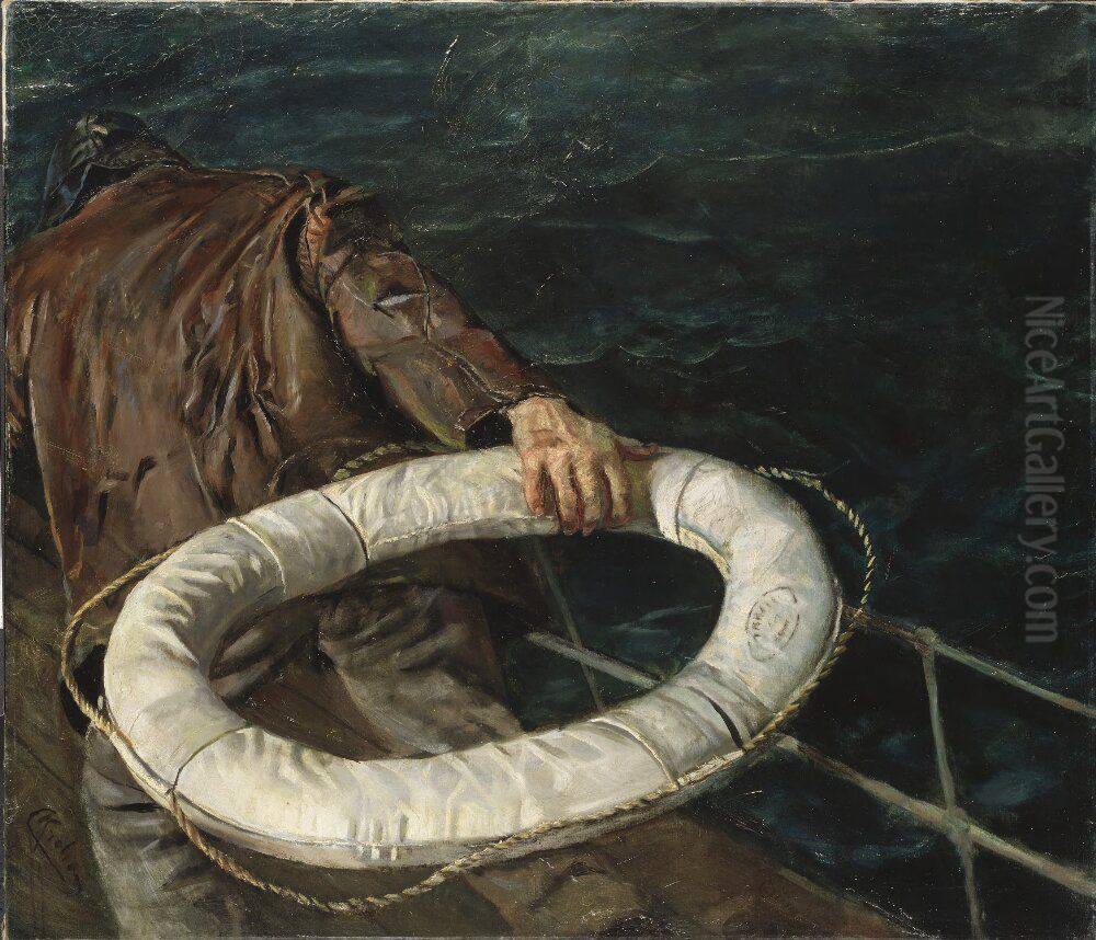 Man Over Bord Oil Painting by Christian Krohg