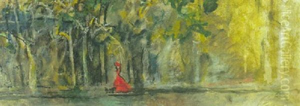 Rod Dame Med Hund Oil Painting by Christian Krohg