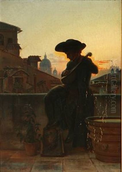 Evening Scene From Rome With A Mandolin Player On A Terrace Oil Painting by Pietro Krohn