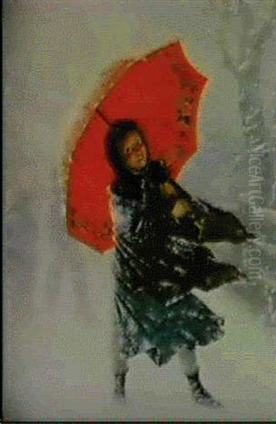 Children In A Snow Storm Oil Painting by Carl Kronberger