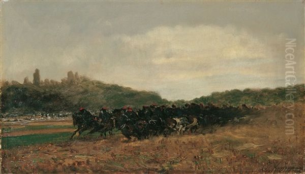 Manoverszene. Berittene Husaren. Oil Painting by Christian (Johann Christian) Kroener