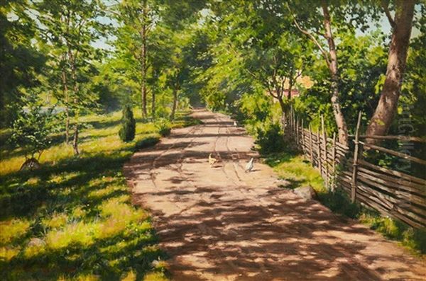 Byvag Vid Rod Stuga Med Hons Oil Painting by Johan Fredrik Krouthen