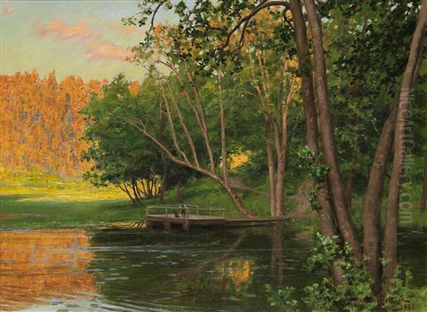 Sommarlandskap Med Figurer Pa Brygga Vid Insjo Oil Painting by Johan Fredrik Krouthen