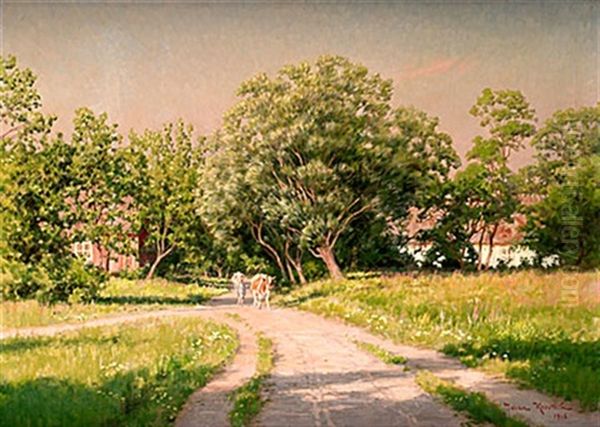 Sommarlandskap Med Vallpojke Och Kor Oil Painting by Johan Fredrik Krouthen